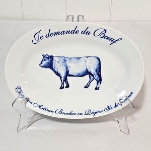 Williams Sonoma Le Demande Du Boeuf Blue Cow Oval Steak Plate French Farmhouse